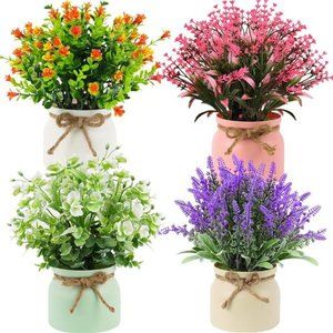 Fake Potted Plants - Set of 4 Artificial Potted Flowers Faux Plants Lavender